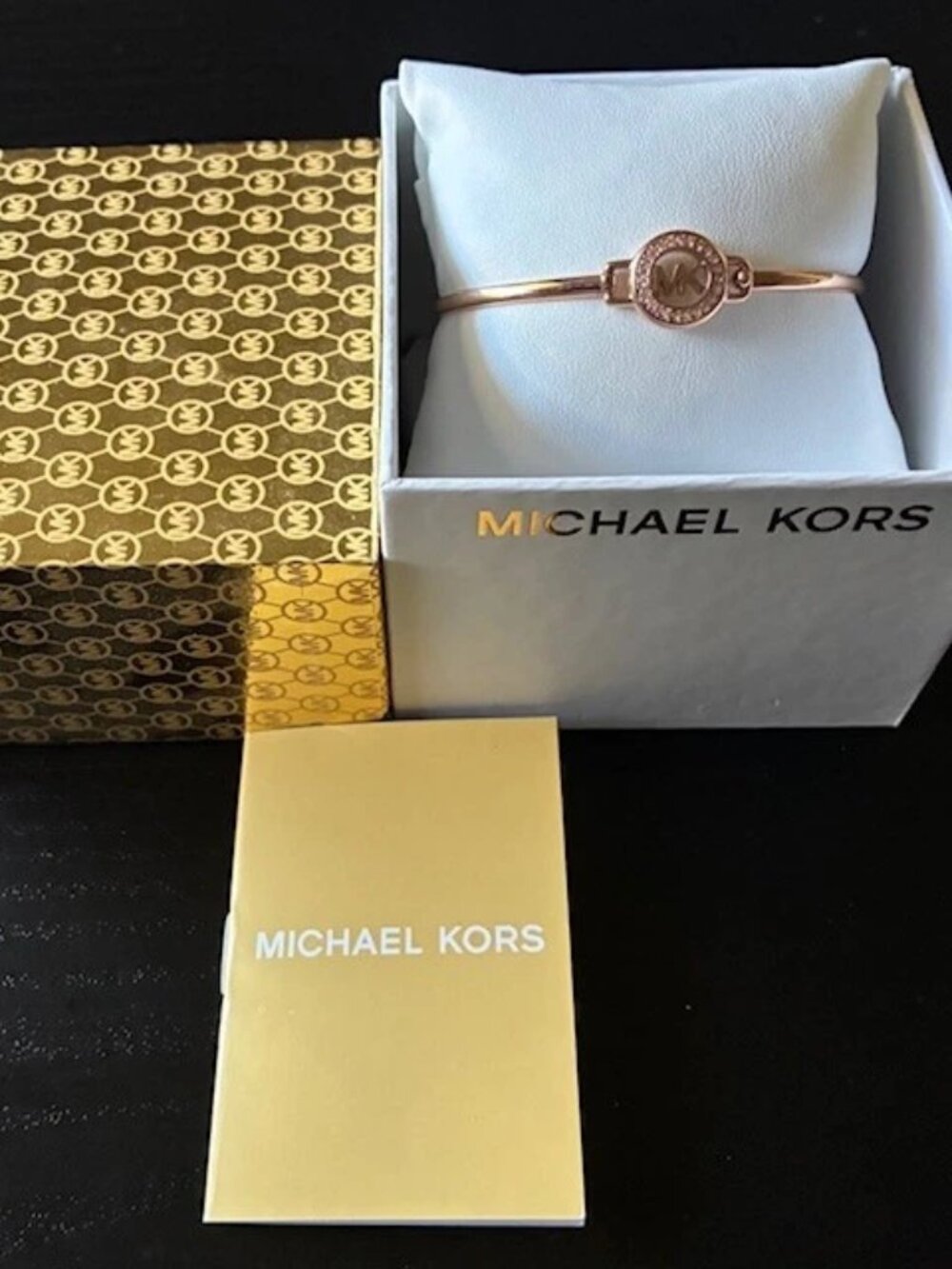 NWT MICHAEL KORS MK Logo Rose Gold Crystal Bangle Bracelet